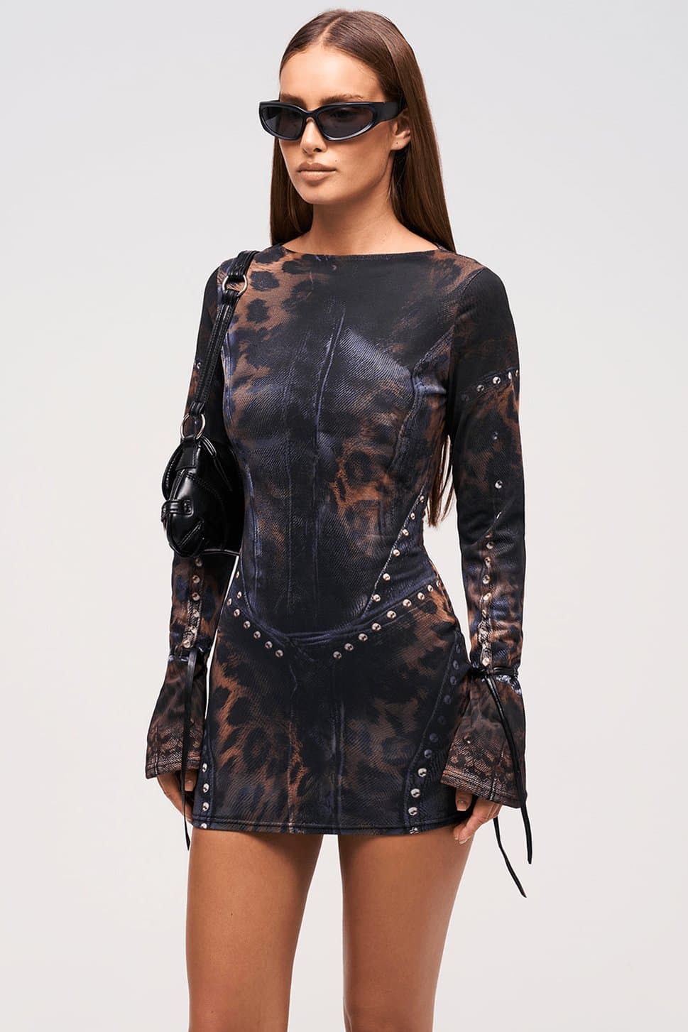 Minx Mini Dress Full Length Fluted Sleeve Bodycon Fit Unique Print