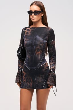 Minx Mini Dress Full Length Fluted Sleeve Bodycon Fit Unique Print