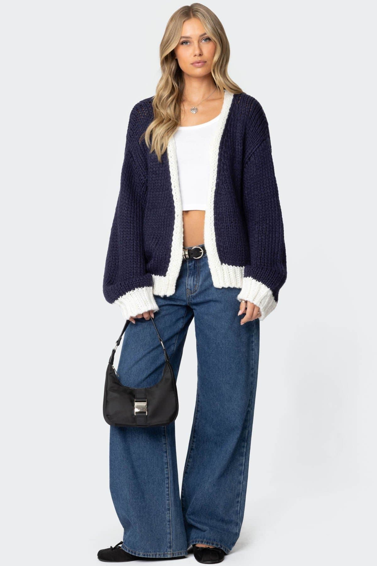 Contrast Chunky Knit Cardigan with Puff Sleeves Acrylic Fabric