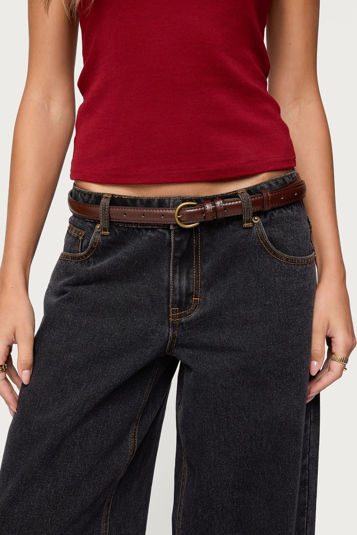 Goldey Faux Leather Belt with Gold Tone Metal Buckle 43.7 Inch Length