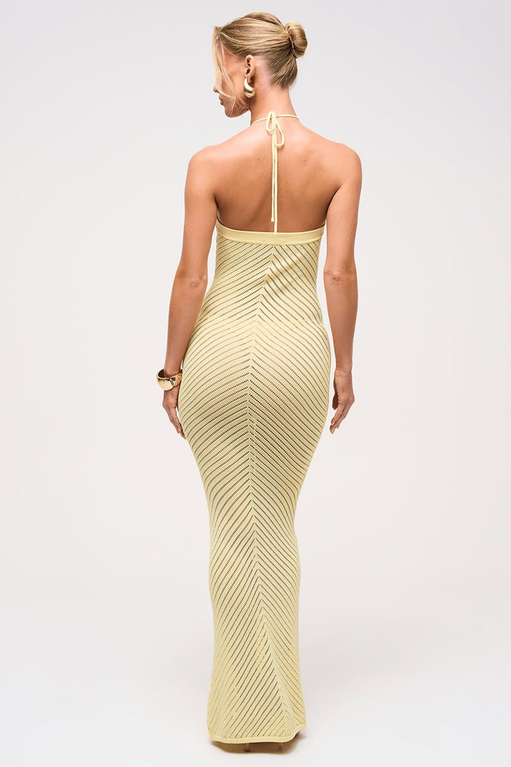 Remy Knitted Chevron Maxi Dress in Primrose Yellow Halterneck