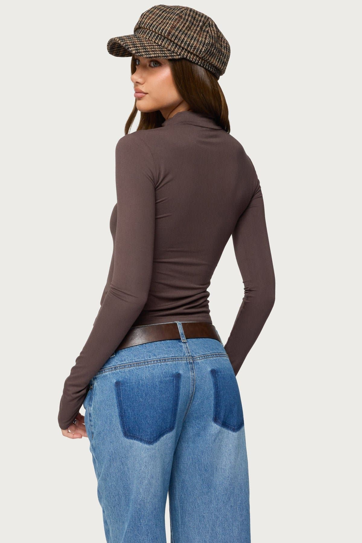 Binta Mock Neck Long Sleeve Top with Thumbholes in Rayon Spandex