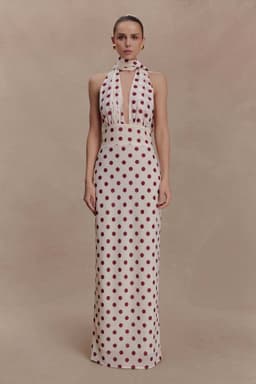 Polka Dot Halter Maxi Dress – Deep V Neck Tie Neck Open Back Satin Evening Gown