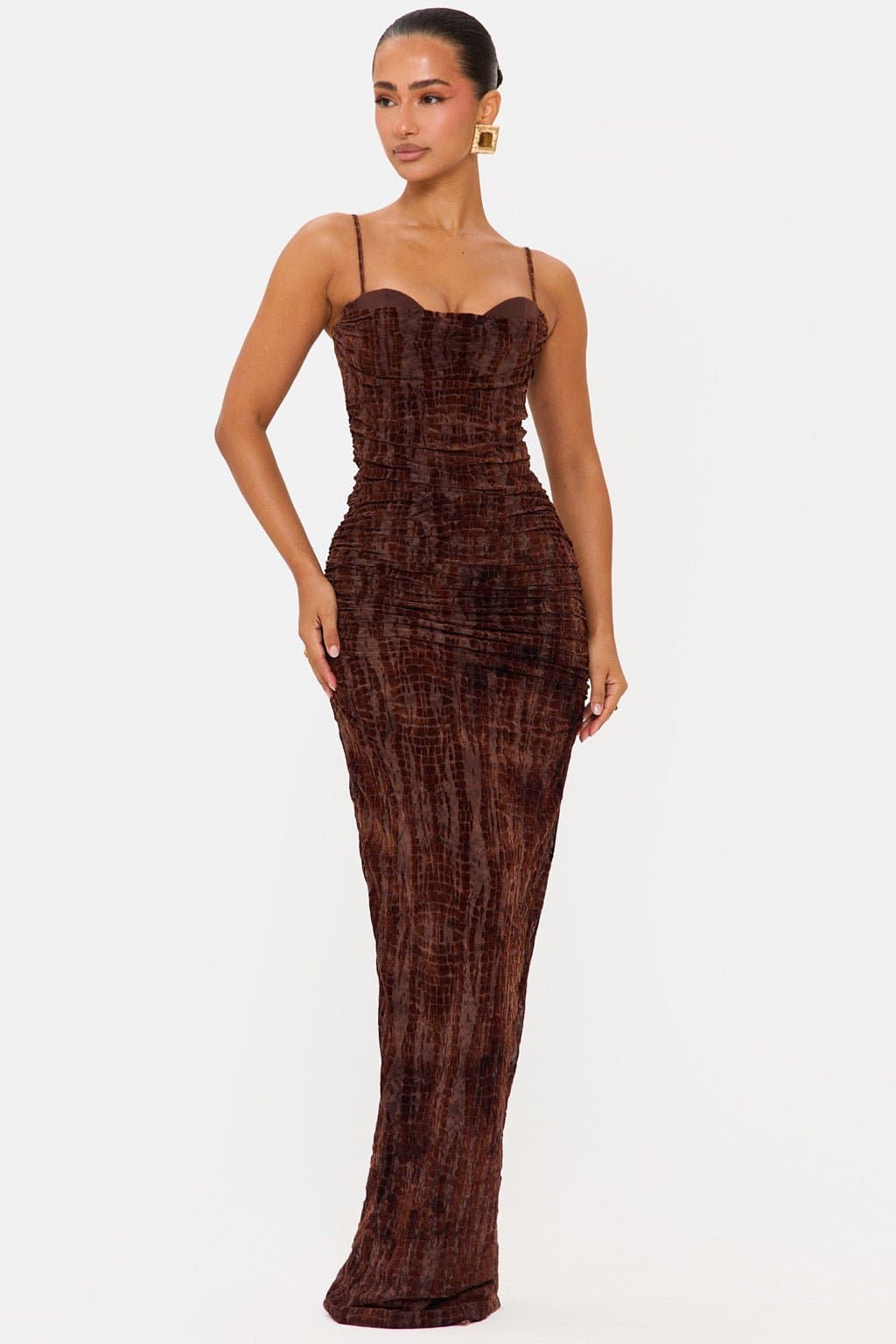 Amore Devore Drape Fabric Maxi Dress with Internal Corset and Lace Up Back