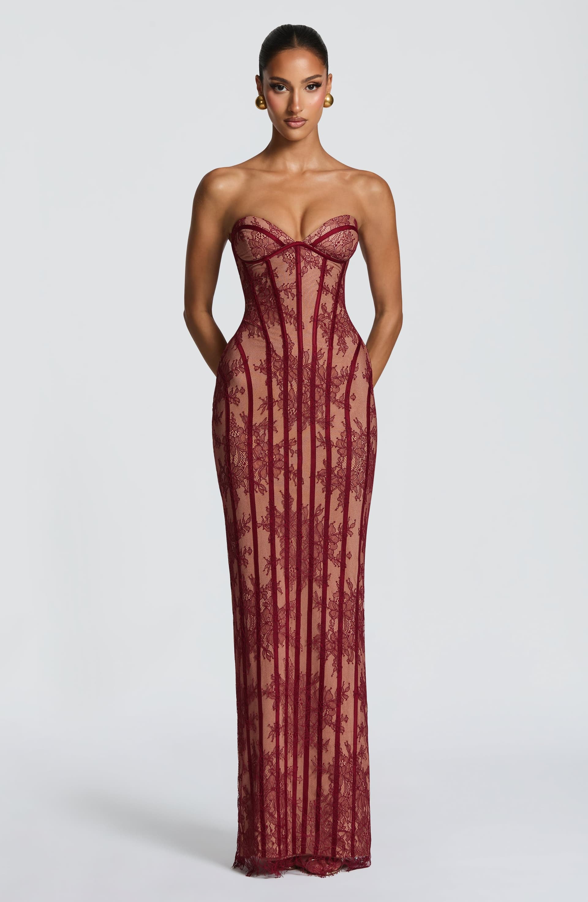 Sian Burgundy Floral Lace Strapless Maxi Dress with Underwire Cups