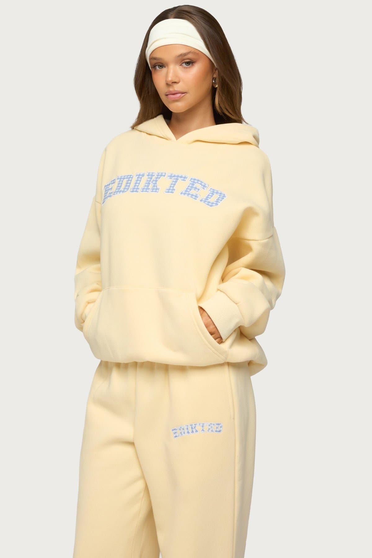 Edikted Lover Oversized Hoodie with Gingham Graphic Patch Polyester Cotton