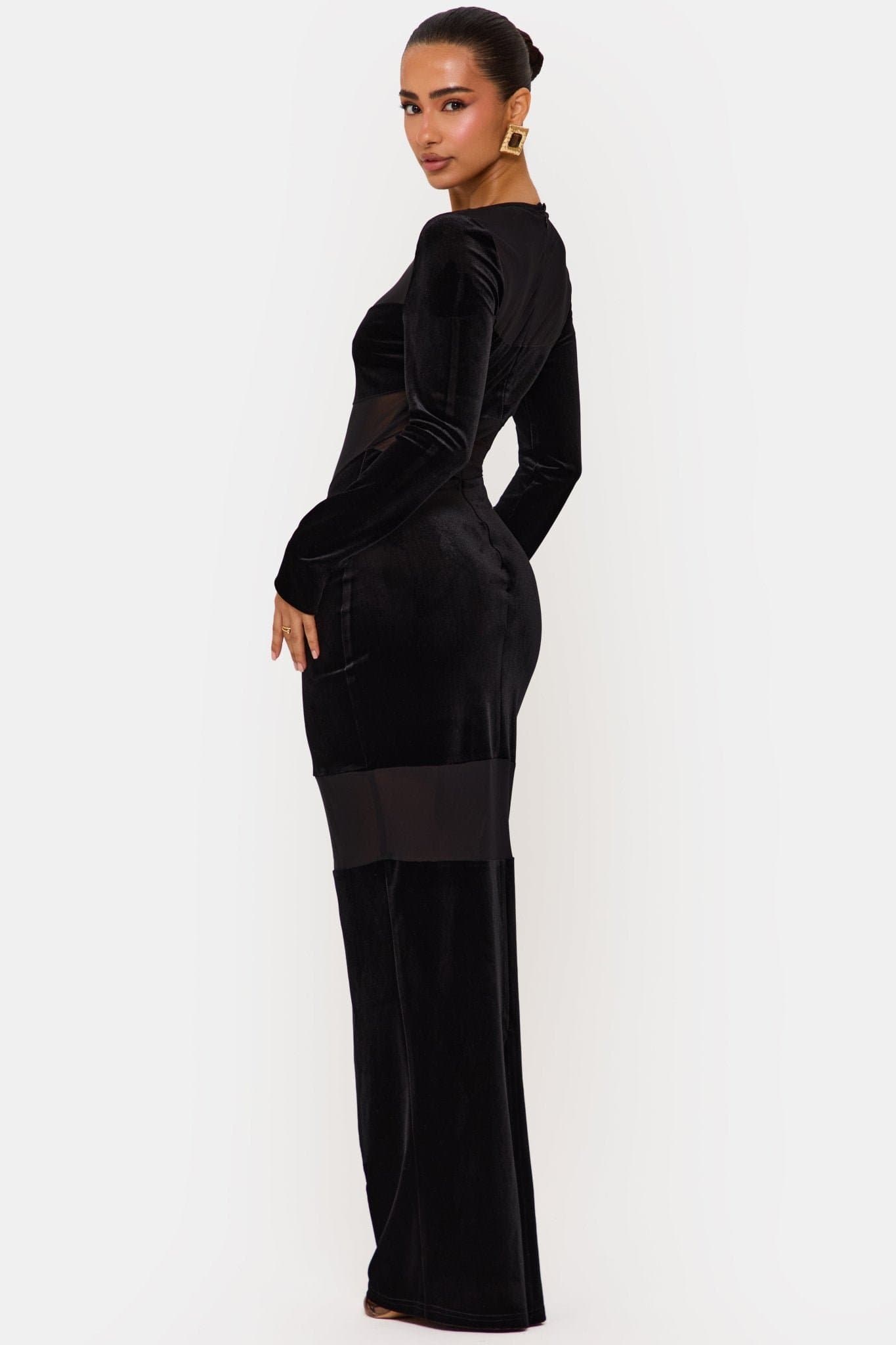 Noir Maxi Long Sleeve Black Dress with Mesh and Velvet Panels