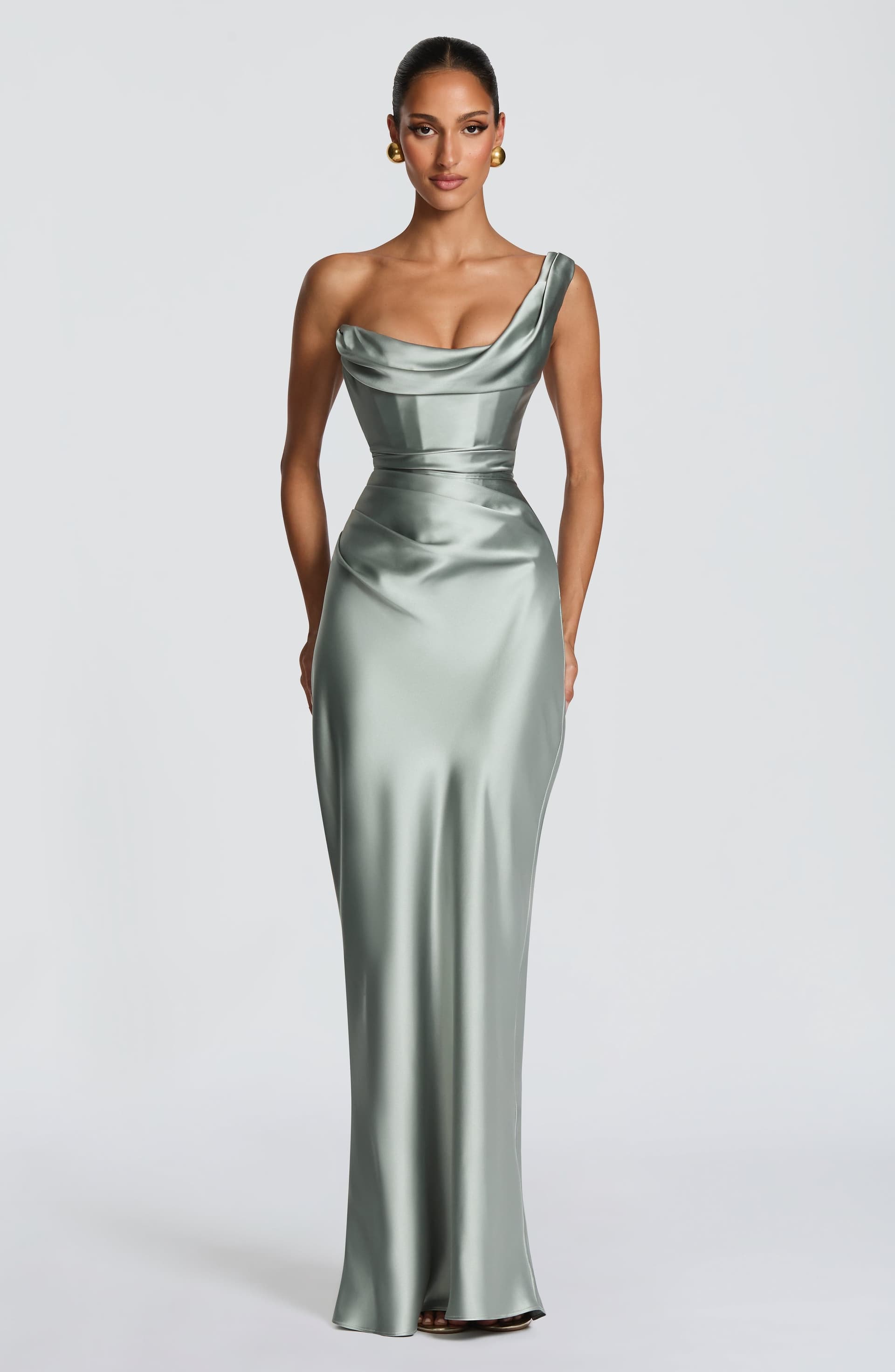 Thalassa Maxi Dress - Sage Green Satin One-Shoulder Pleated Bodice