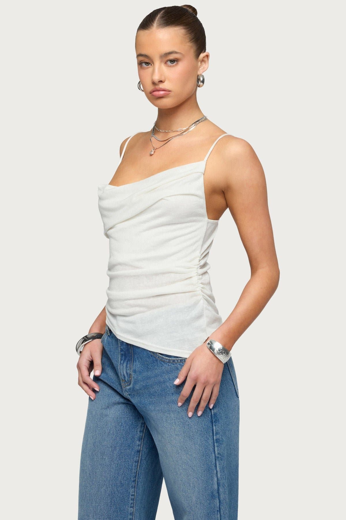 Asymmetric Cowl Neck Tank Top with Adjustable Straps - Lyocell Polyester Linen