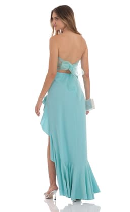 Strapless Back Bow Corset Maxi Dress in Aqua Blue