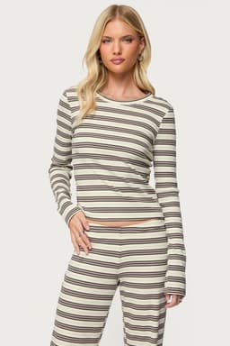 Avalie Striped Ribbed Long Sleeve T-Shirt - Cotton Spandex Loungewear Top