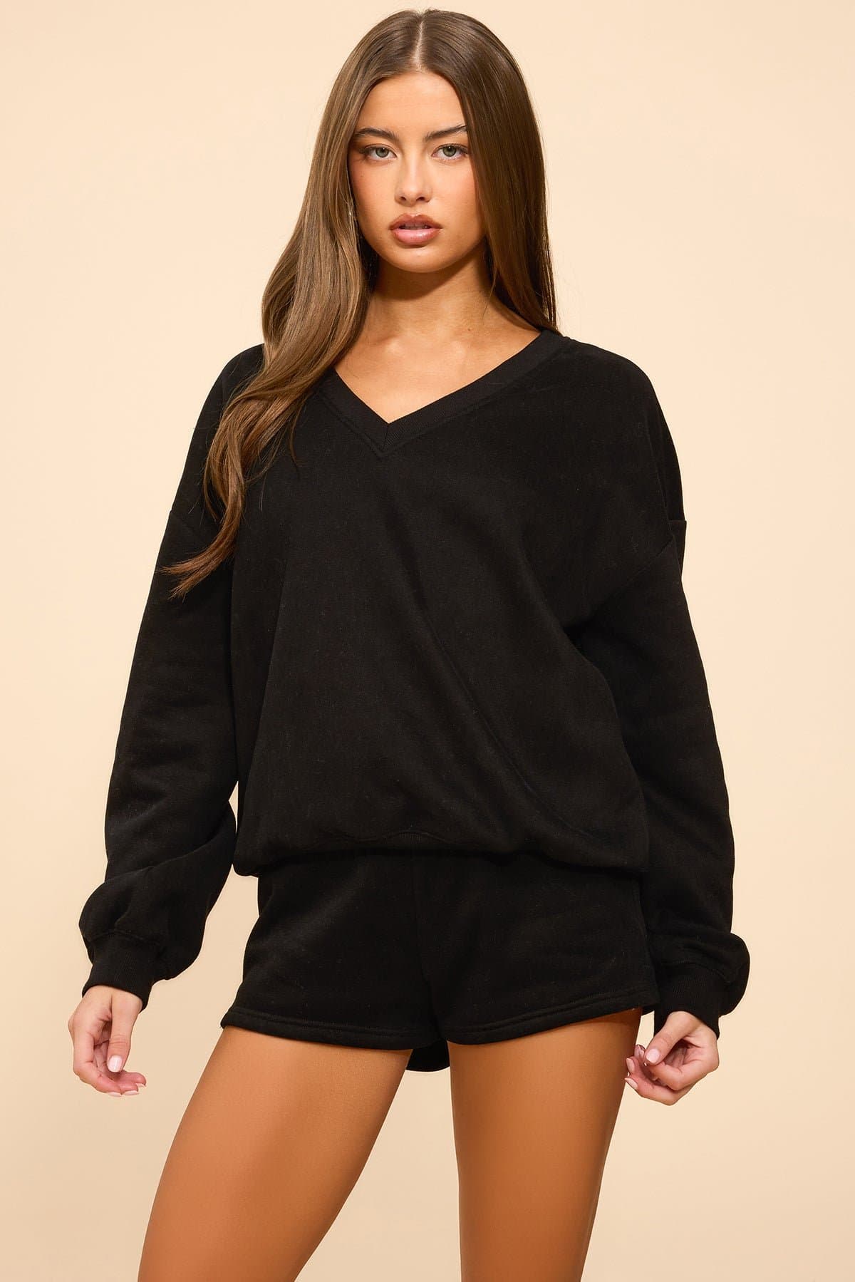 Bronte V Neck Sweatshirt - Oversized Fit Cotton Polyester Matching Set