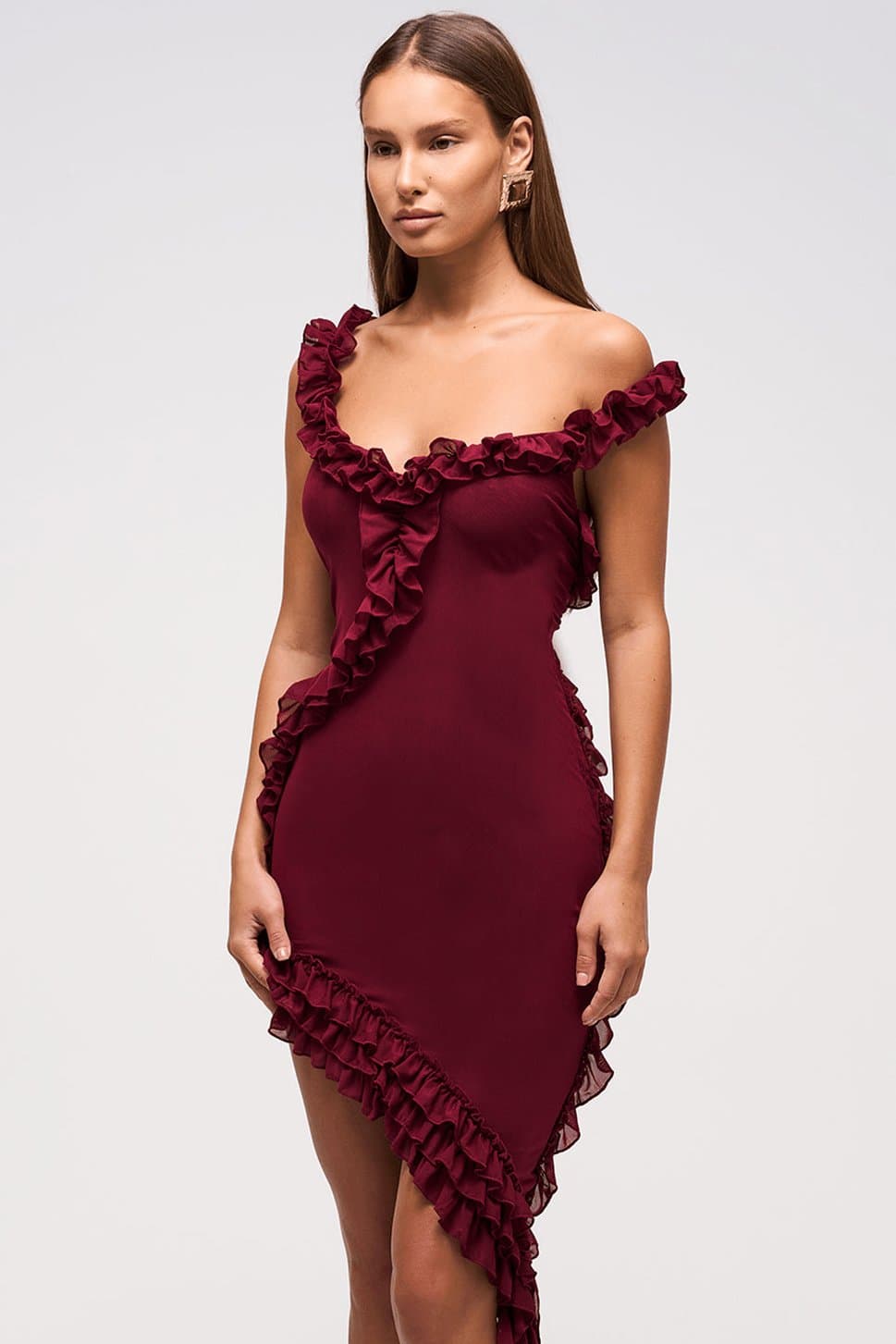 Amani Ruffle Detail Asymmetric Deep Maroon Dress - Adjustable Straps, Bodycon Fit