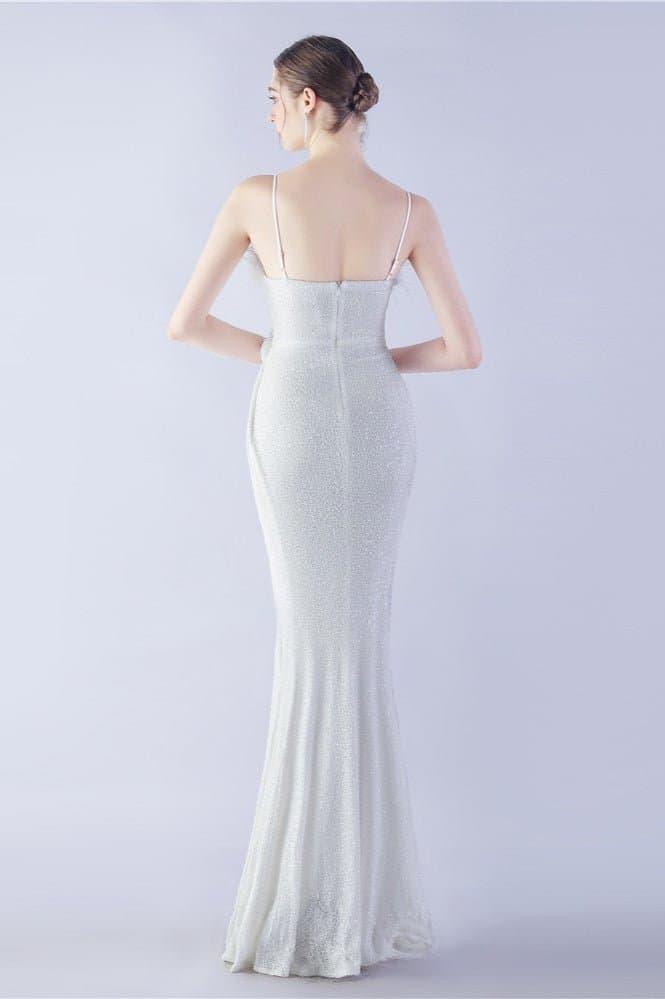 Ostrich Feather Embellished V-Neck Sleeveless Maxi Dress
