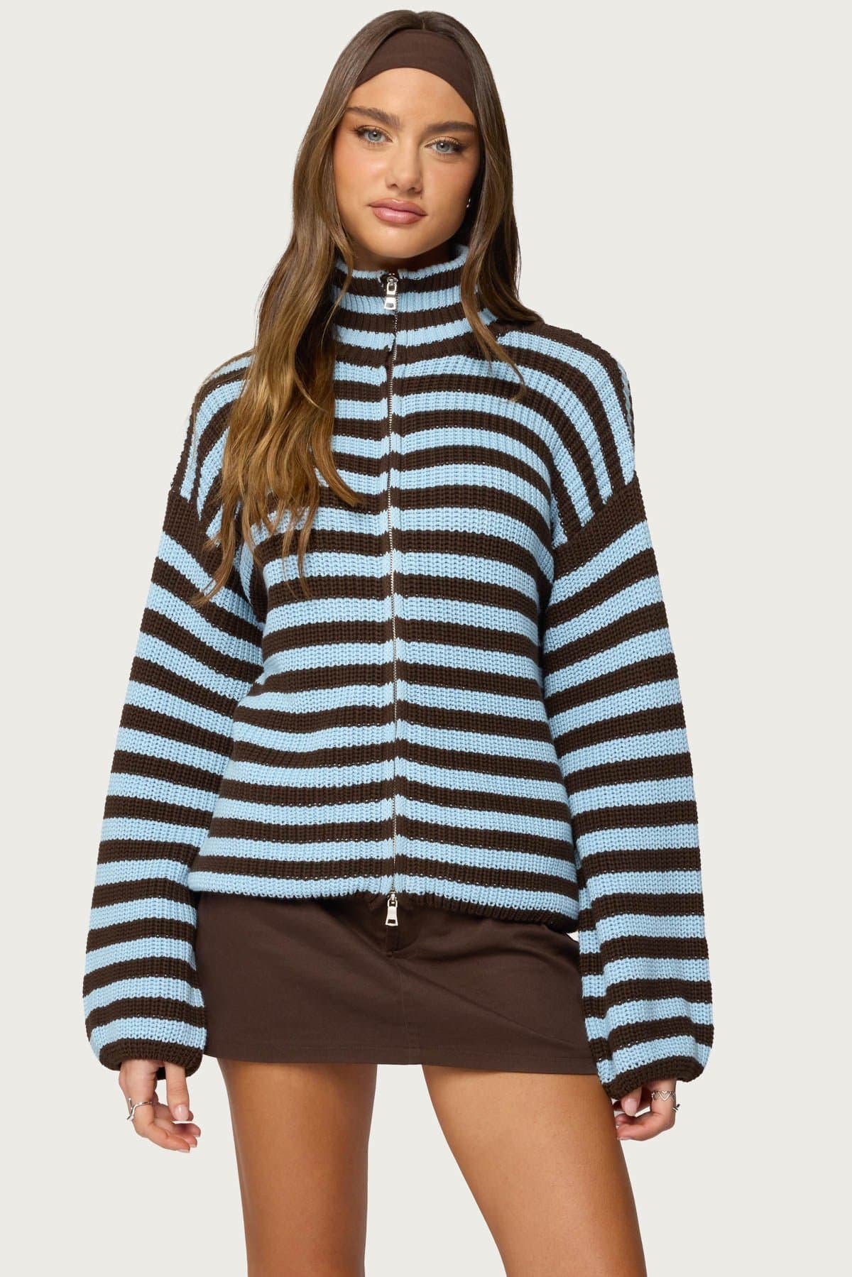 High Neck Striped Zip Up Cotton Knit Sweater