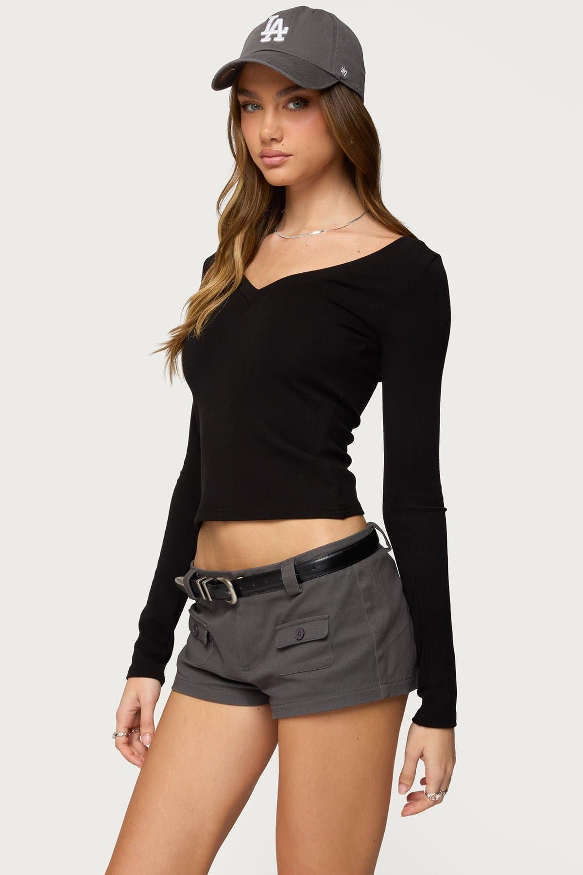 Larna V-Neck Long Sleeve Ribbed T-Shirt - Rayon Cotton Acrylic Spandex Blend