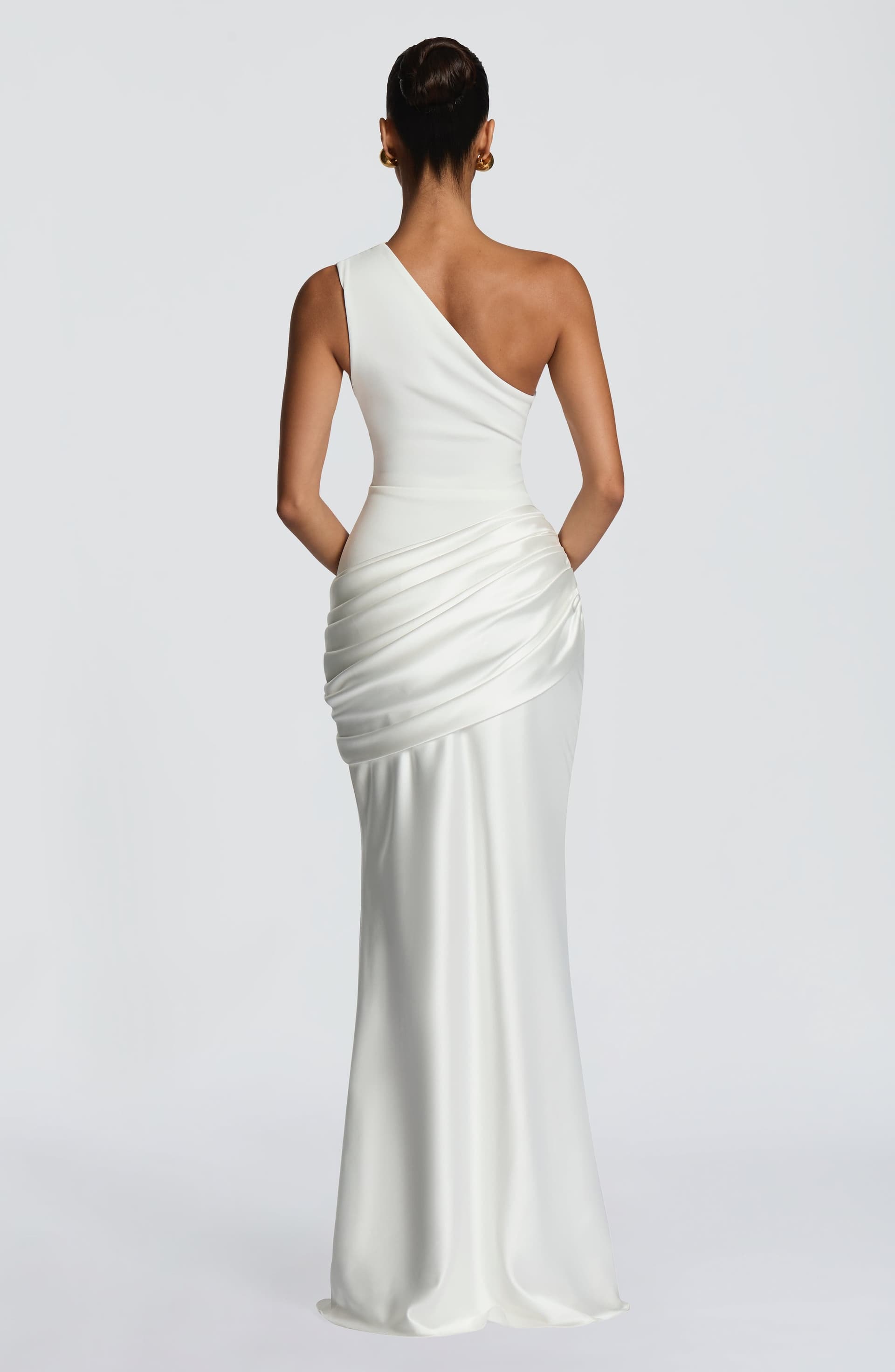 Sadona Maxi Dress in Ivory - One Shoulder Stretch Crepe Bodice Satin Skirt