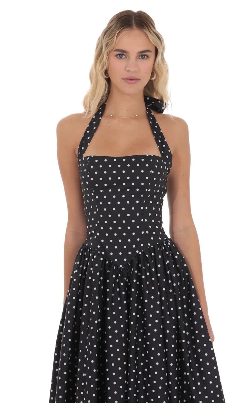 Polka Dot Halter Midi Dress in Black