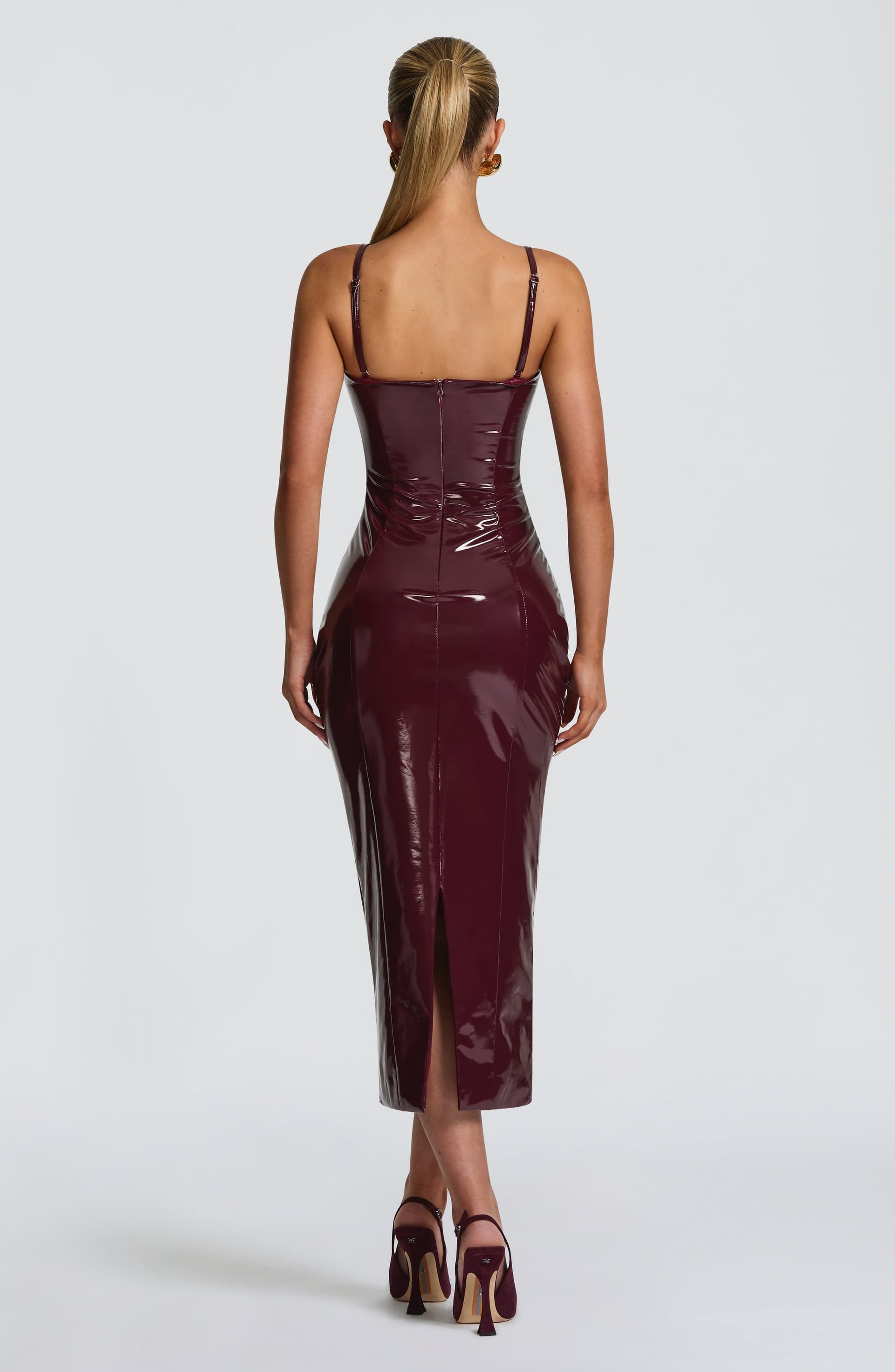 Amala Midi Dress in Cherry Lacquer - High-Shine Vinyl with Underwired Cups