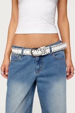 Studded Faux Leather Belt with Silver Tone Buckle - 43.9 Inch Length