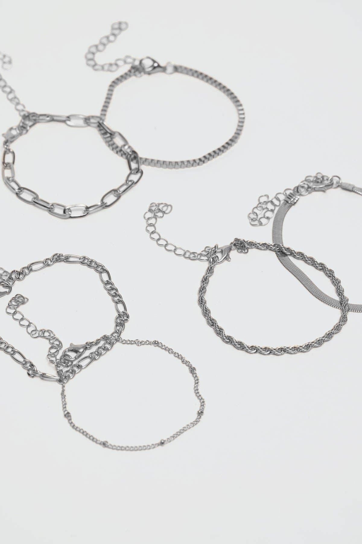 Assorted Silver Tone Metal Chain Bracelet Pack of 6 - 7.1 Inch Length