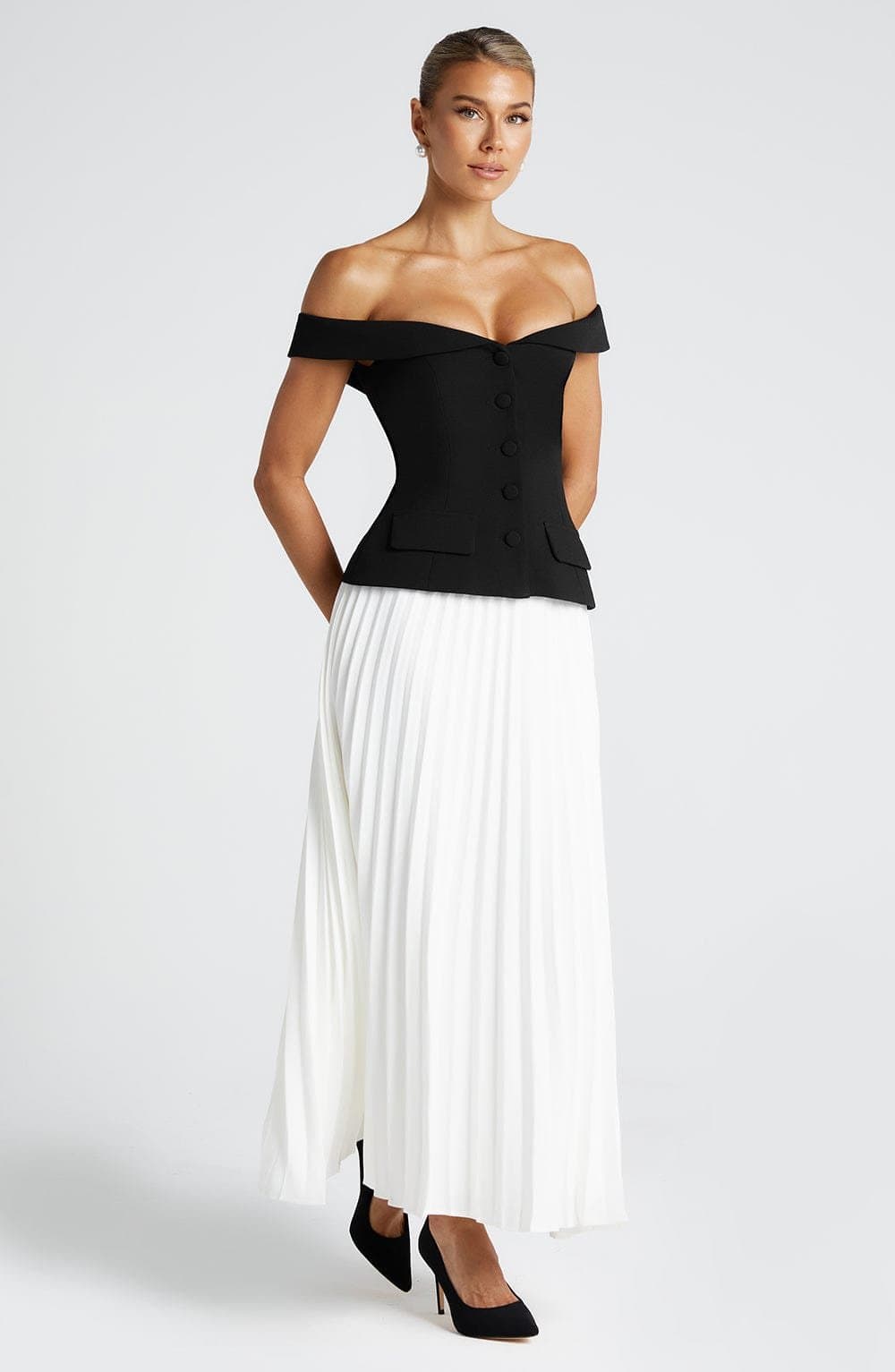 Penny Midi Skirt Ivory Non-Stretch Crepe Pleated Mid-Rise