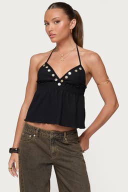 Textured Iridescent Babydoll Halter Top - Lace Ruffle Smocked Polyester Spandex