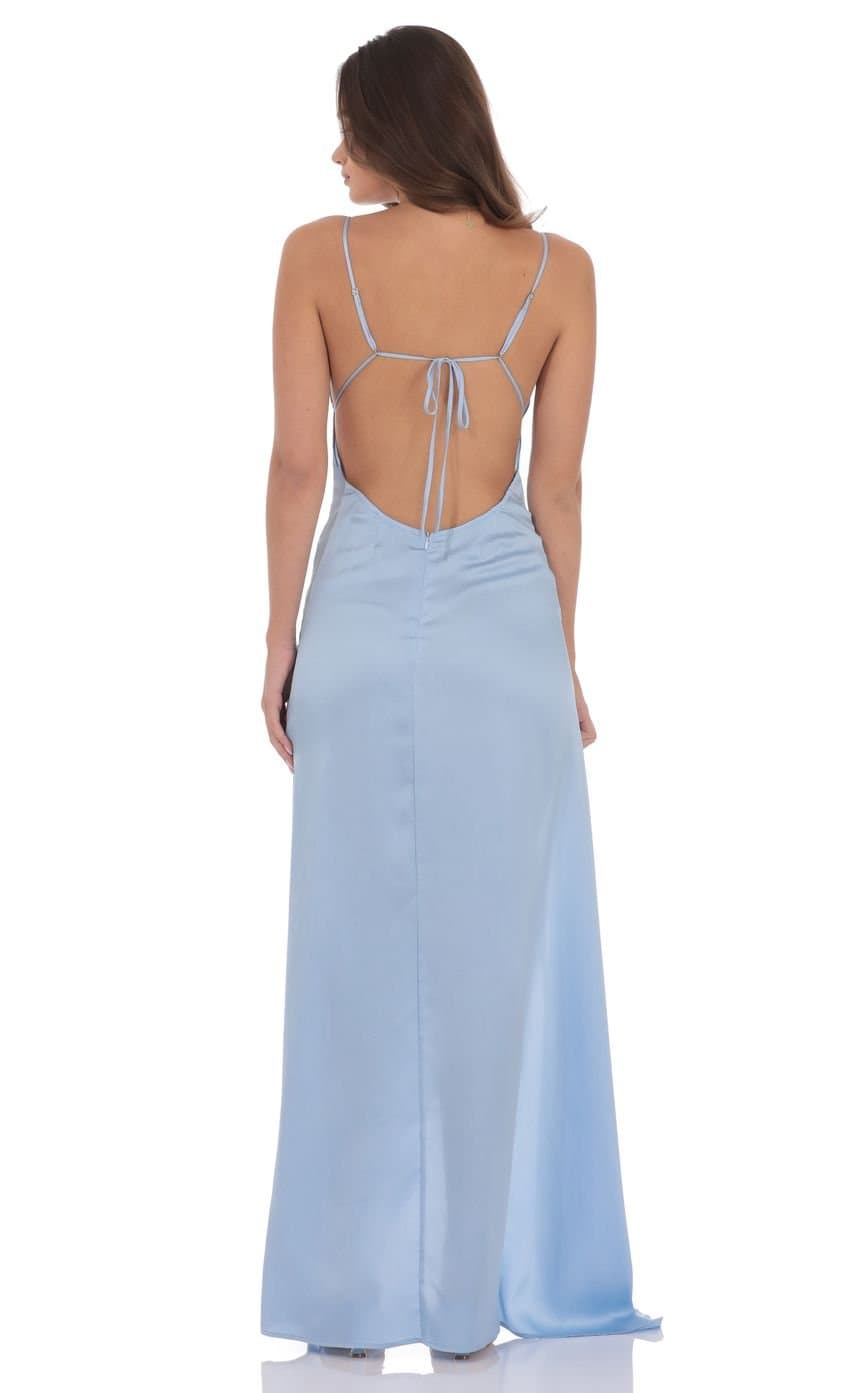 Satin Ruffle Slit Maxi Dress in Light Blue