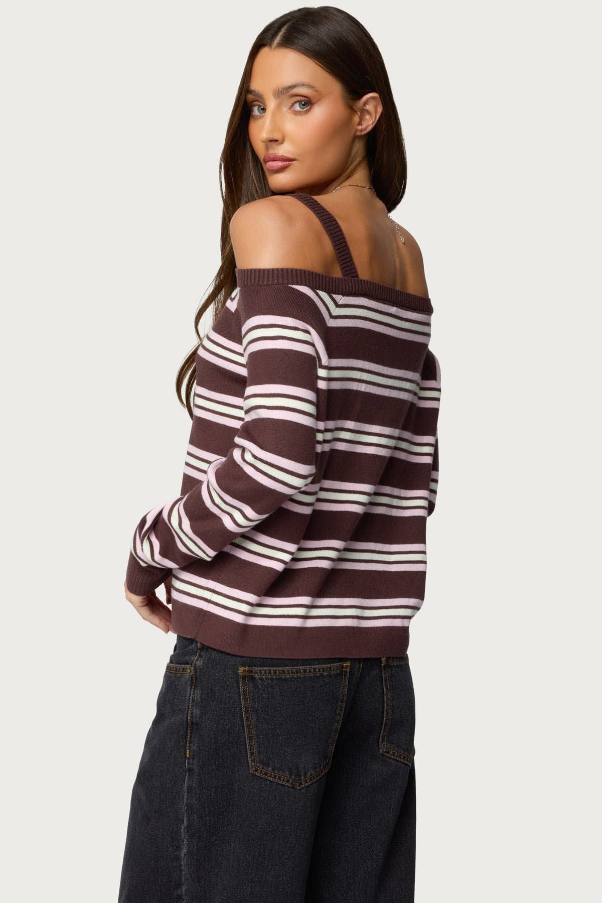 Shyla Off Shoulder Striped Knit Top - Long Sleeve Polyester Rayon Nylon
