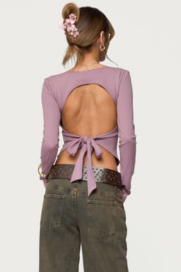 Polly Lacey Tie Back Top - Long Sleeve Square Neck Polyester Spandex