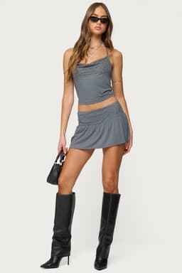 Klara Studded Mini Skort - Rayon Spandex Flared Fit Wide Waistband