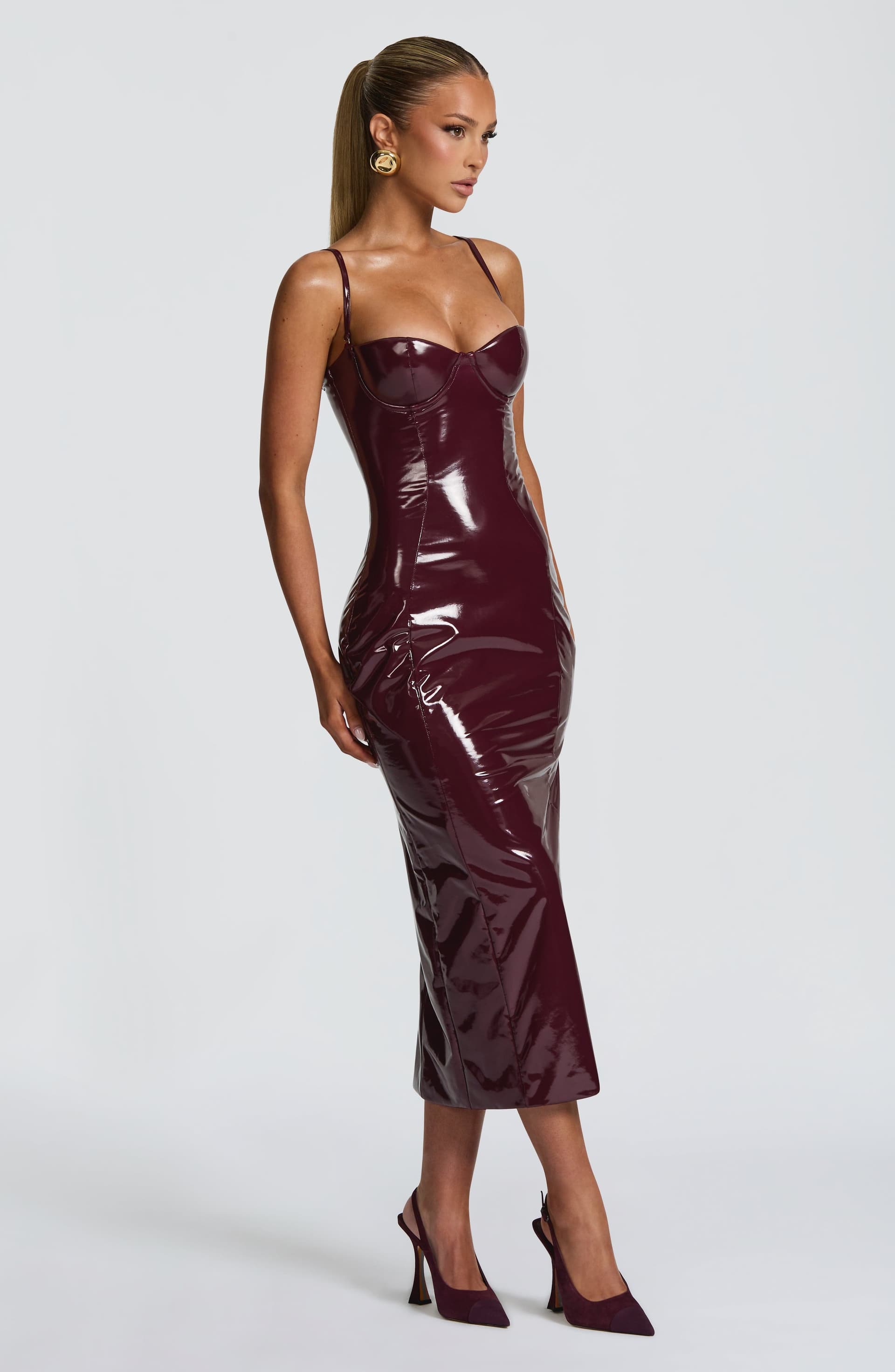 Amala Midi Dress in Cherry Lacquer - High-Shine Vinyl with Underwired Cups