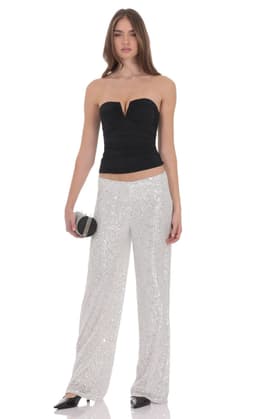 Straight Sequin Pants in Silver