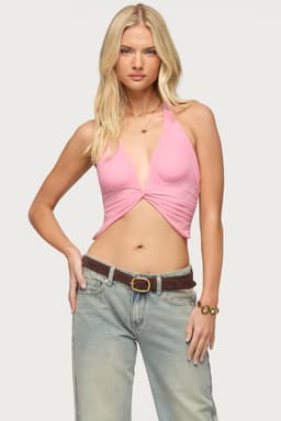 Alani Twisted Cropped Halter Top - Nylon Spandex Deep V Neck Tie Closure