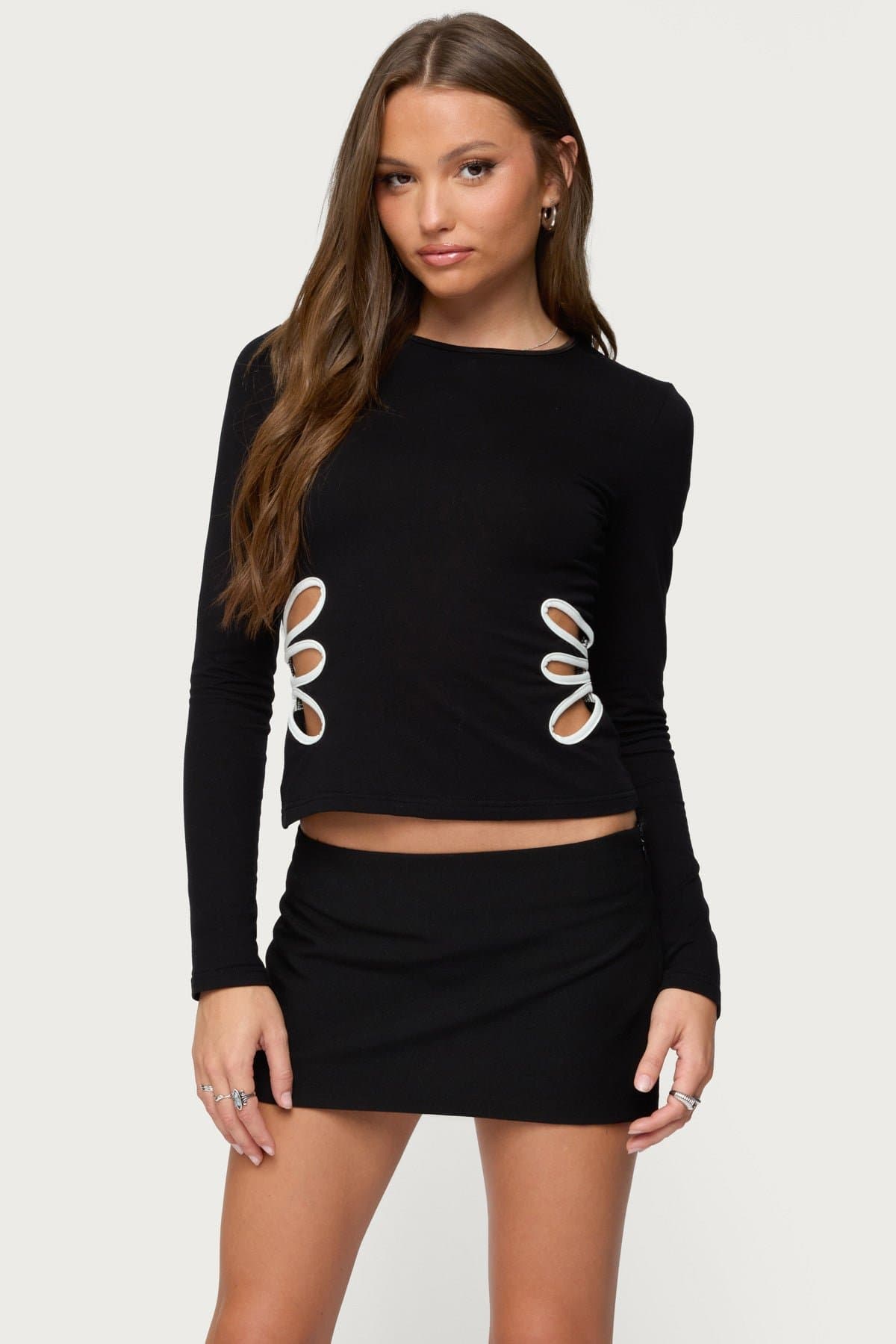 Contrast Cut Out Long Sleeve Top - Cotton Spandex