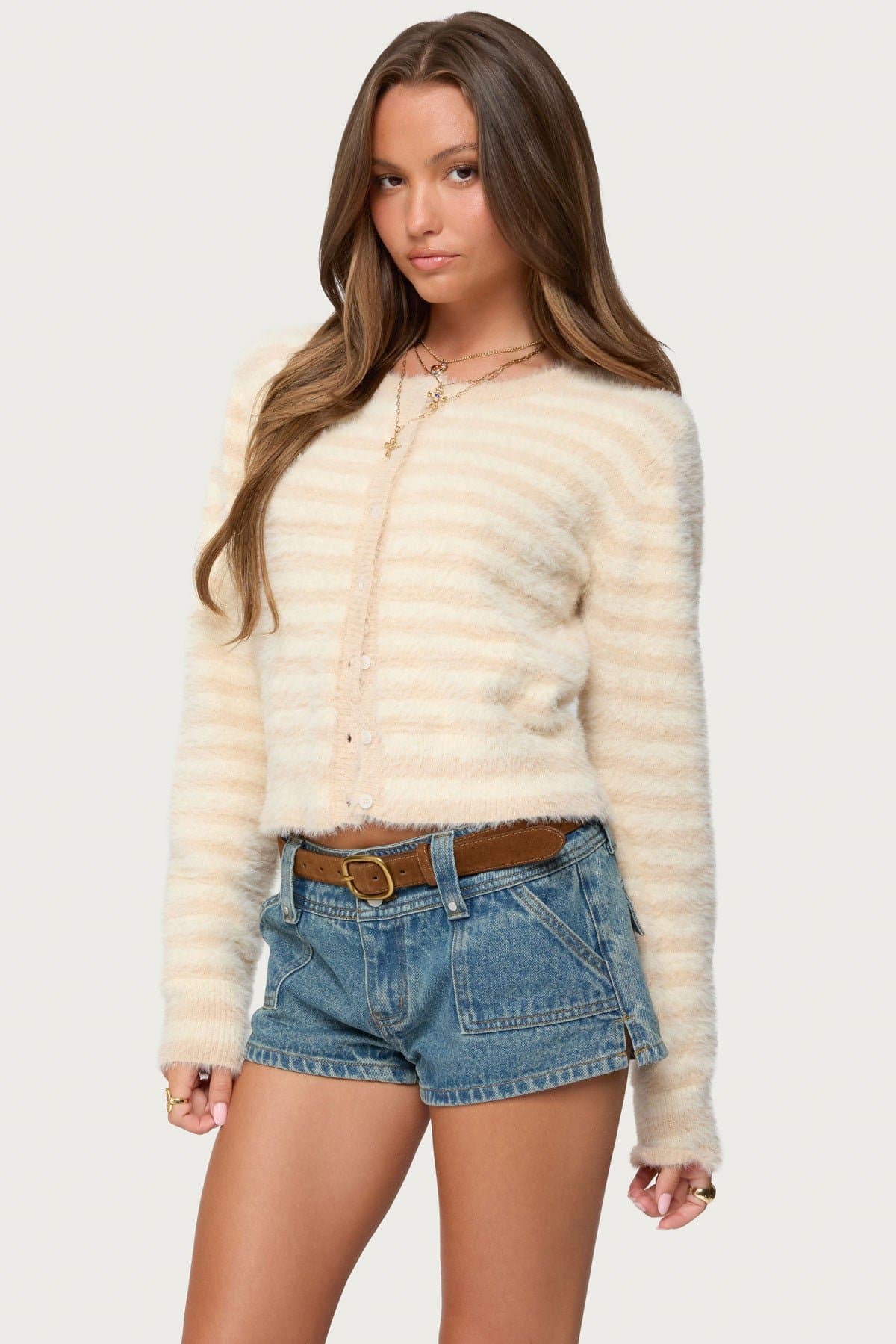 Aria Striped Fuzzy Knit Cardigan - Nylon Polyester Women's Sweater