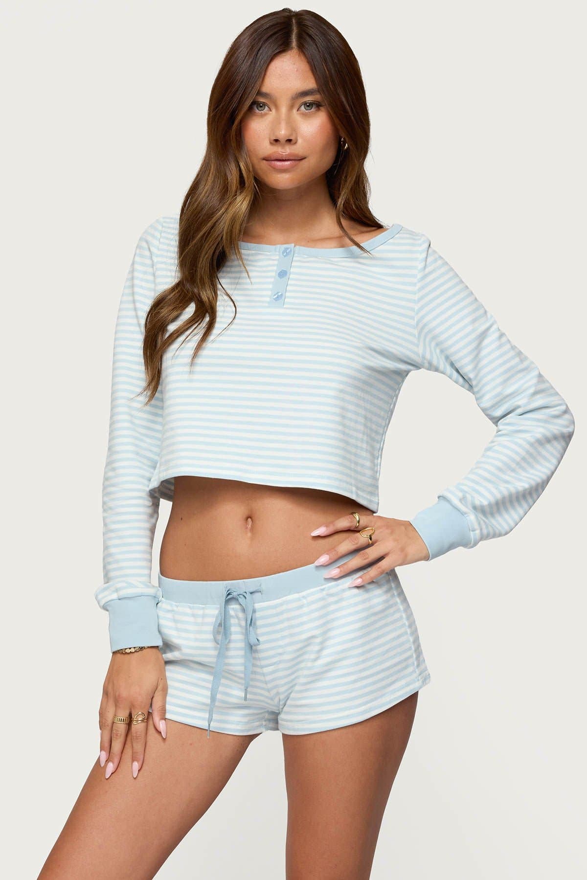 Margret Striped Long Sleeve Top - Boat Neck Button Detail Cotton Polyester Spandex