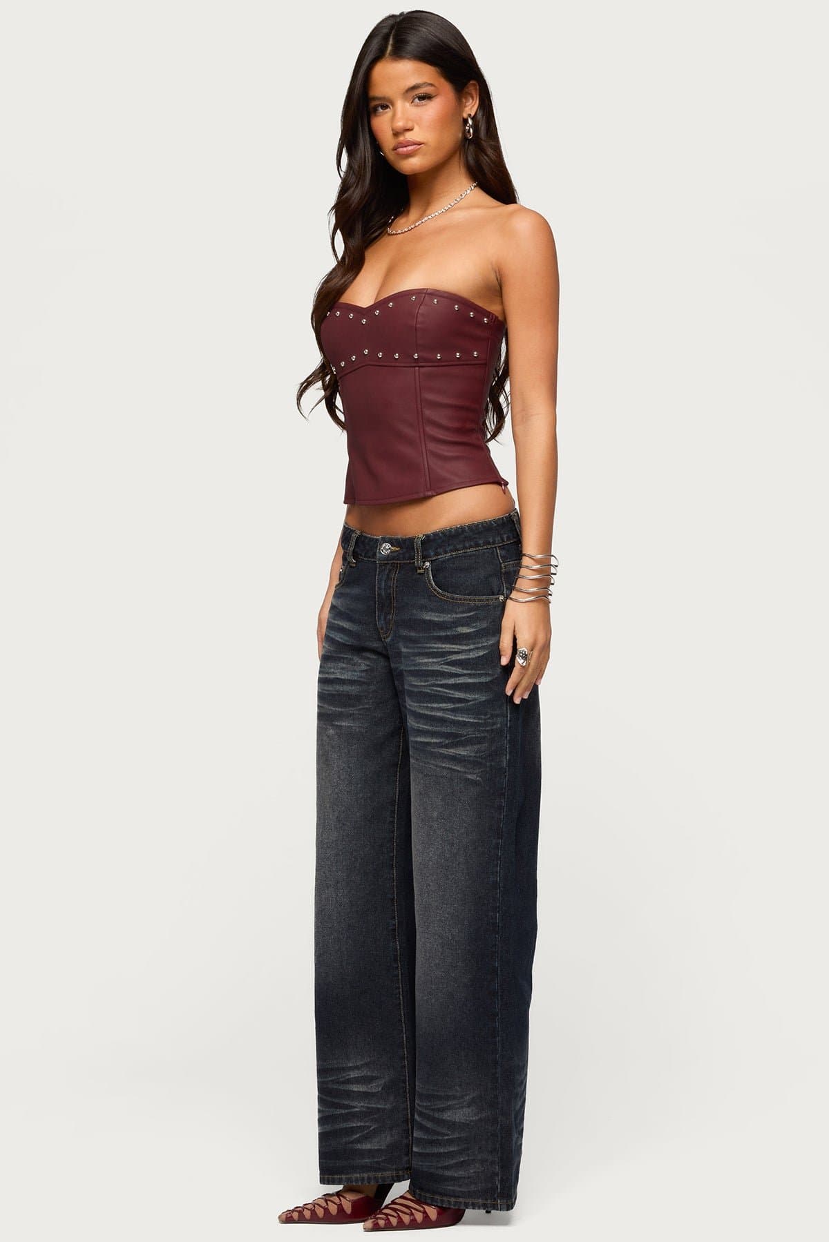 Izara Studded Faux Leather Corset - Strapless Sweetheart Neckline Boned Bodice