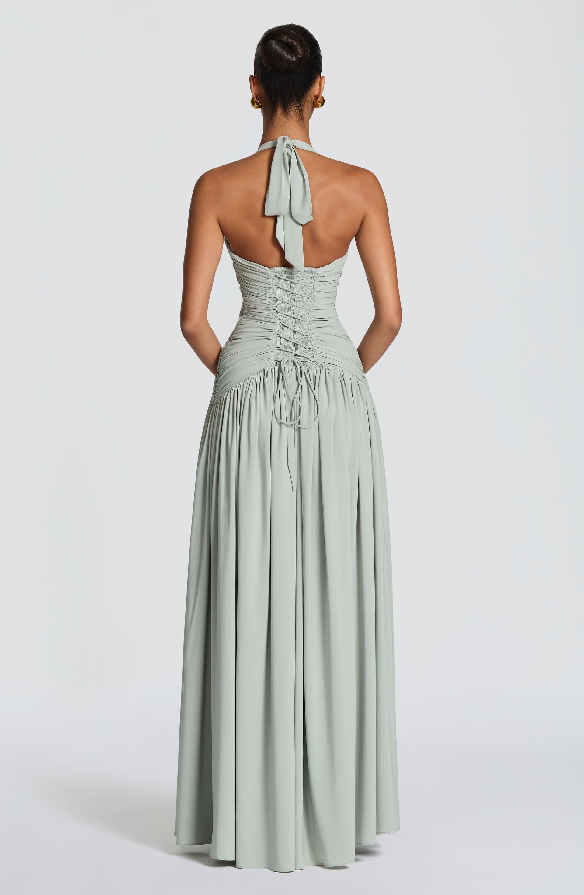 Amaris Maxi Dress - Sage Chiffon Plunge Halter Neck Thigh Split