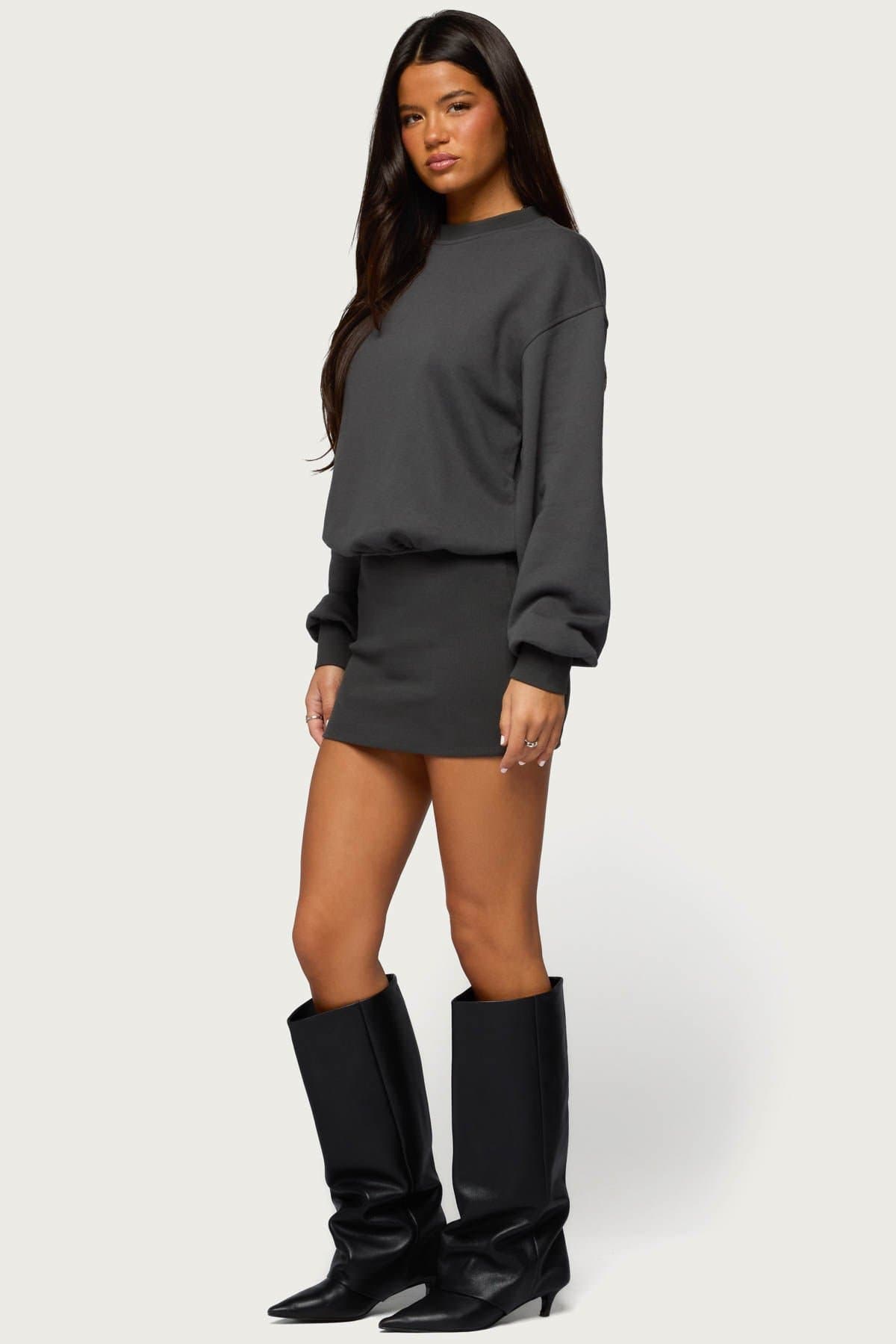 Jannah Sweatshirt Mini Dress - Long Sleeve Fitted Ribbed Cotton Polyester