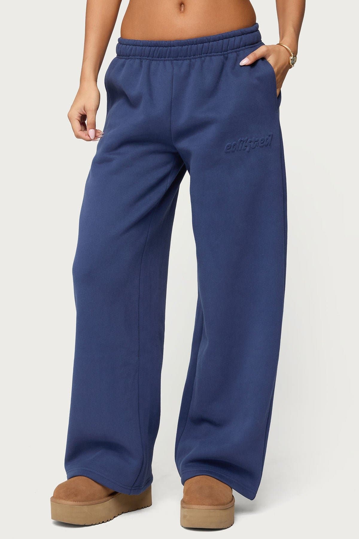 Totally Edikted Wide Leg Sweatpants with Embossed Graphic Polyester Cotton