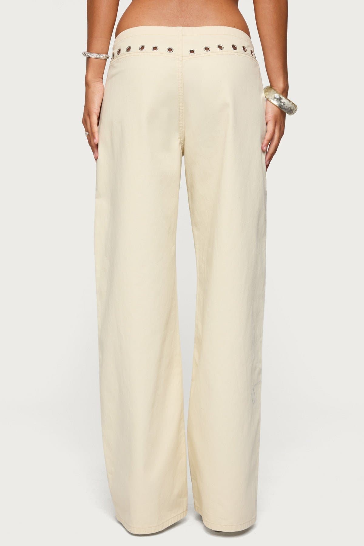 Grommet Tie Waist Low Rise Baggy Jeans - 100% Cotton Rigid Denim