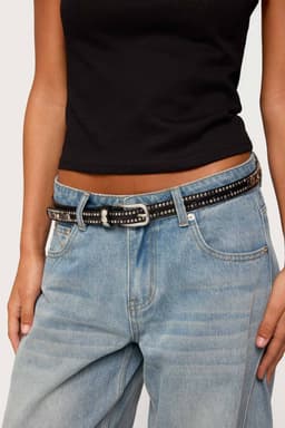 Studded Faux Leather Belt with Polyurethane Rayon Silver Tone Metal 45.3 Inch Length