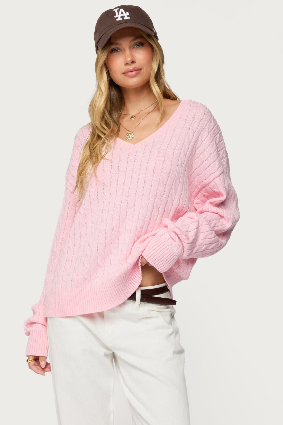 Polly V Neck Cable Knit Sweater 100% Cotton