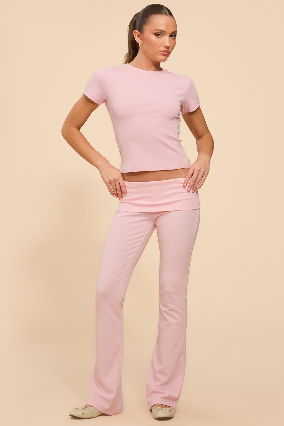 Ivanne Foldover Flared Pants - Cotton Spandex Black Size S Inseam 33.9in