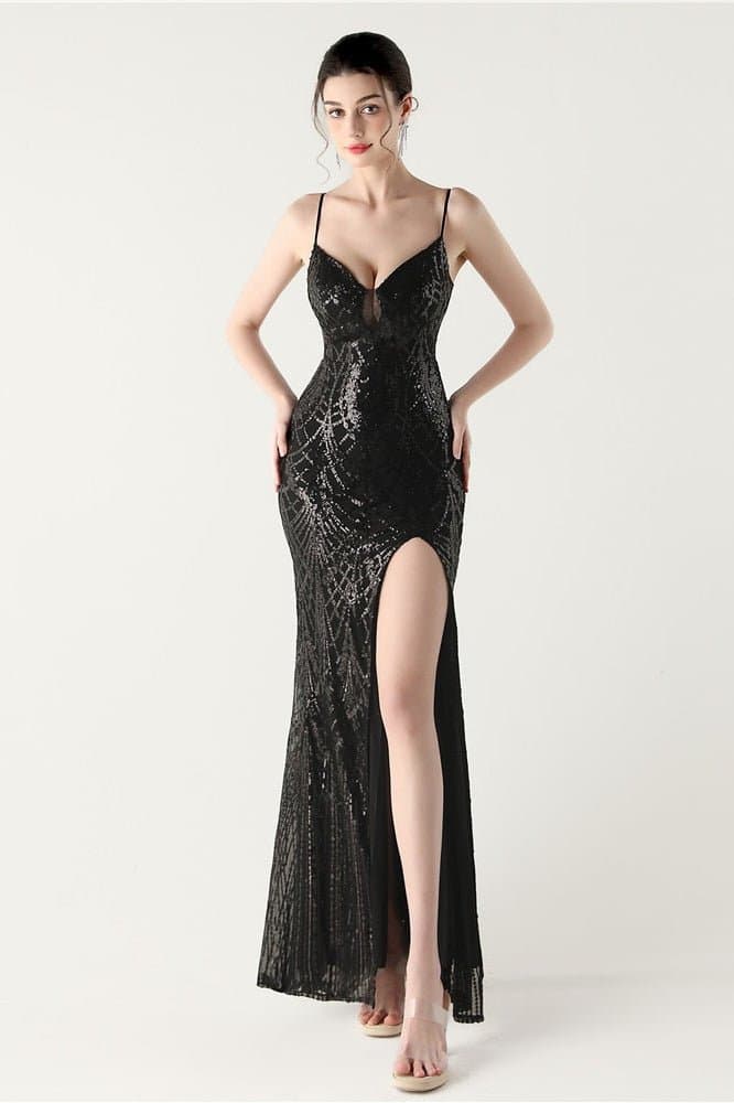 Sequin V-Neck Cross Strap Mermaid Maxi Evening Dress
