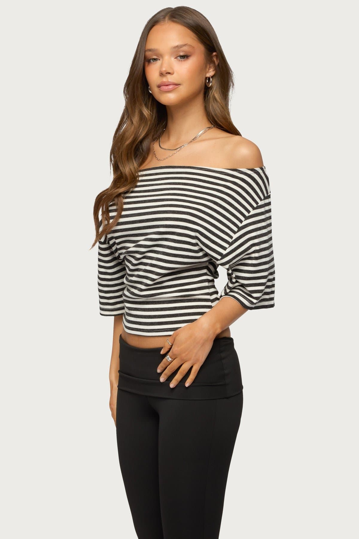 Jadan Striped Off Shoulder Top - Short Sleeve Cinched Waist Polyester Spandex
