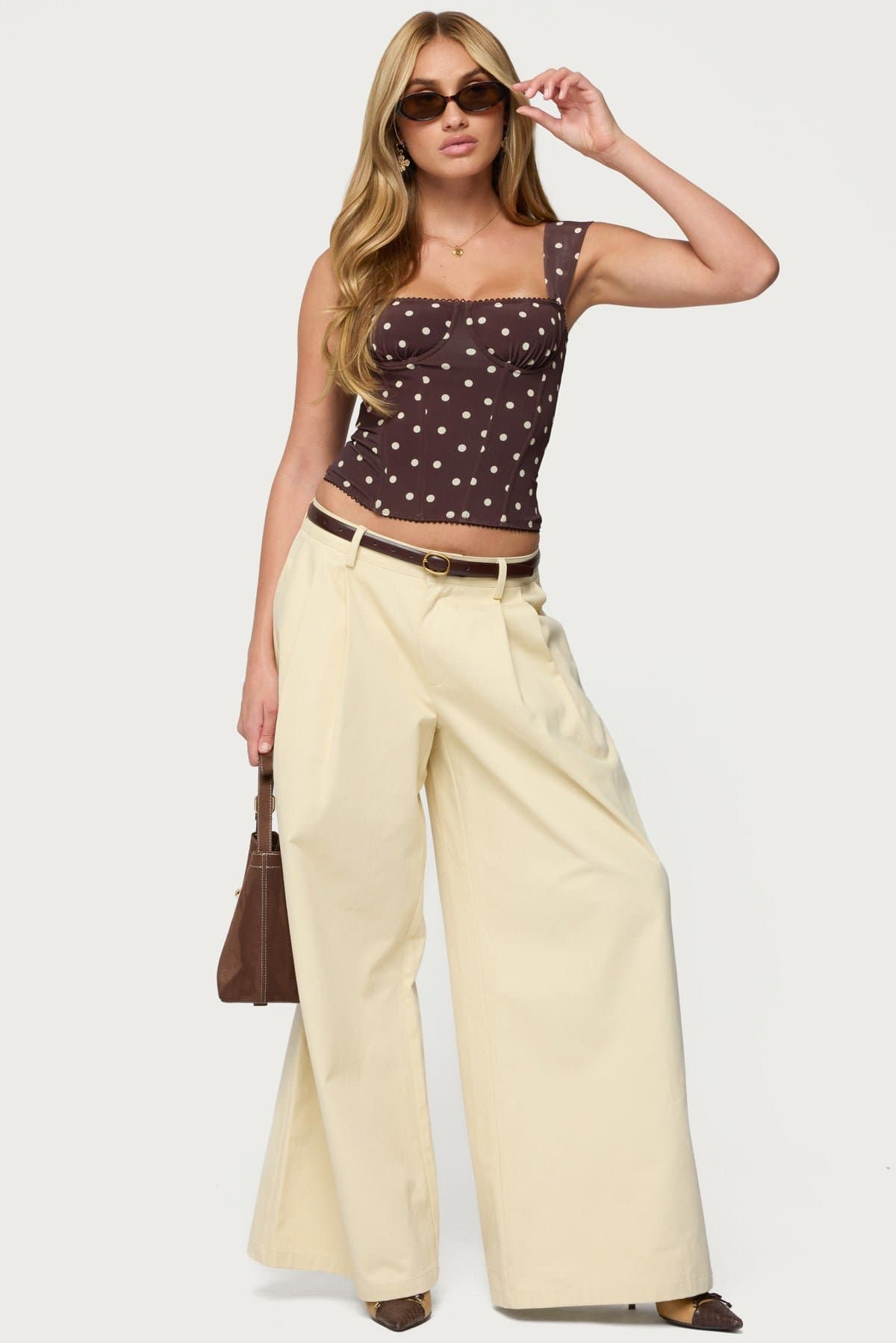 Marcella Wide Strap Corset with Cupped Construction, Boned Bodice, Polka Dot Print