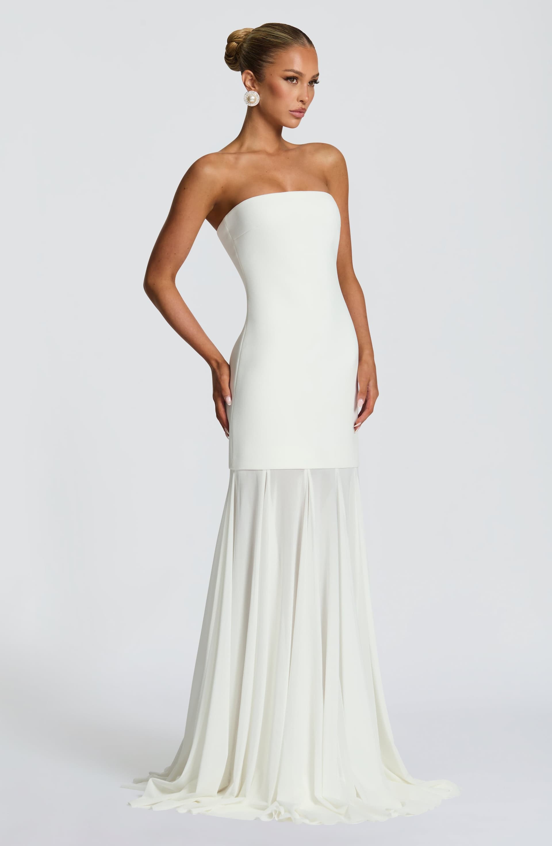 Merritt Strapless Ivory Stretch Crepe Maxi Gown with Mesh Skirt