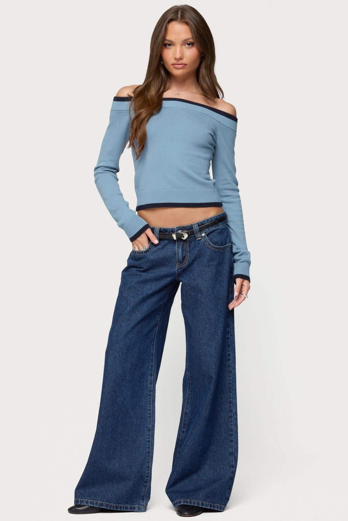 Kezzie Contrast Off Shoulder Long Sleeve Knit Top - Rayon Polyester Nylon